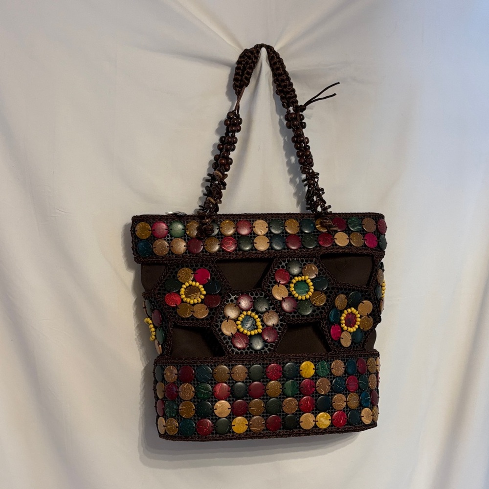 Multicolor Artwear Boho Beaded Women’s Shoulder Bag With Floral Accent Design.
